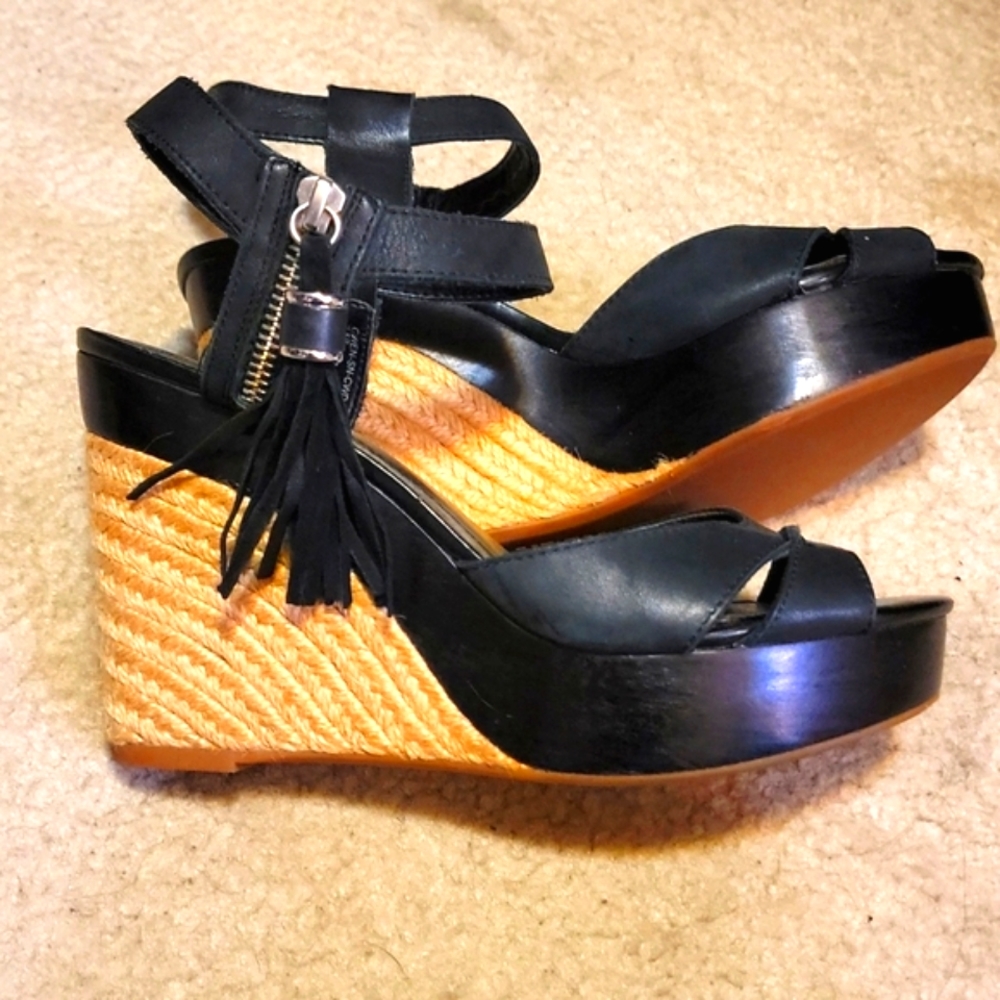 RALPH LAUREN GWEN 7½-8 Espadrille Black Leather Zip Tassel Wedge Platform Heels